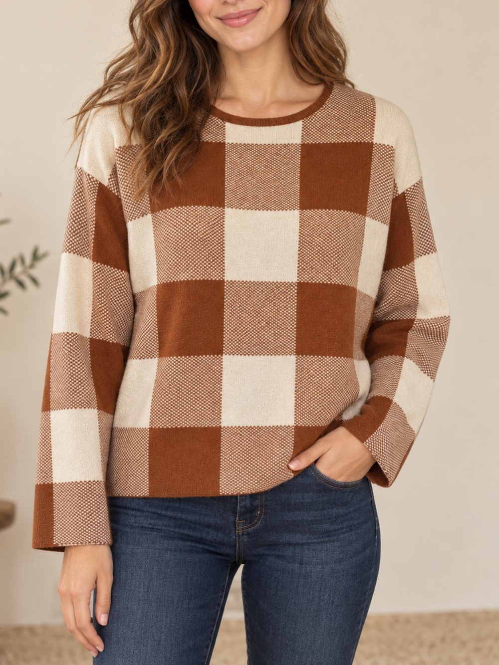 Jones New York Cream and Brown Checkerboard Crewneck Sweater